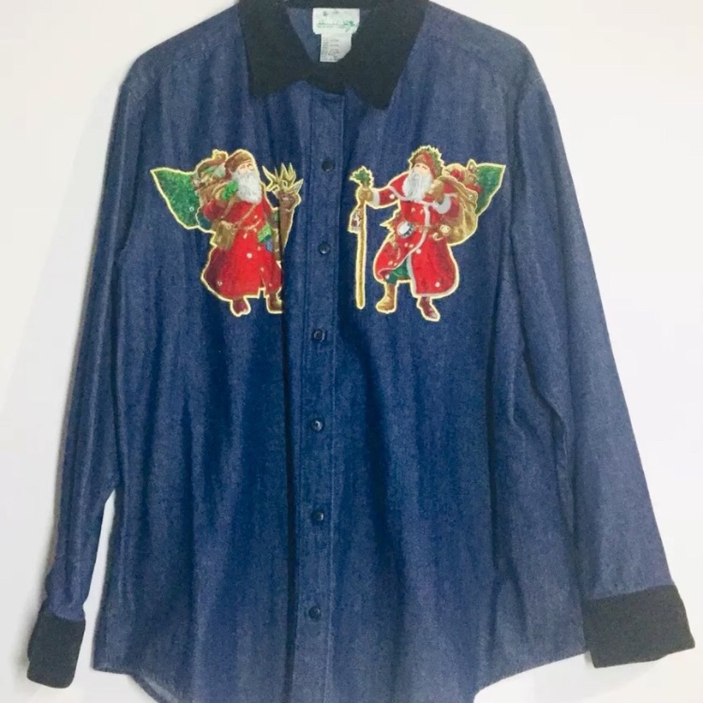 Christmas Denim Shirt 1X Button Santa Vintage Top